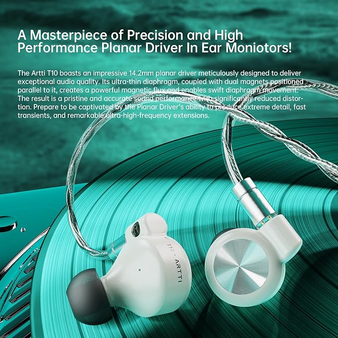 ARTTI T10 in Ear Earphone, 14.2mm Dual Magnetic Circuit Planar Driver HiFi IEM Earbuds, Wired in Ear Monitor, Gaming Earphone for Musician Singer Audiophile