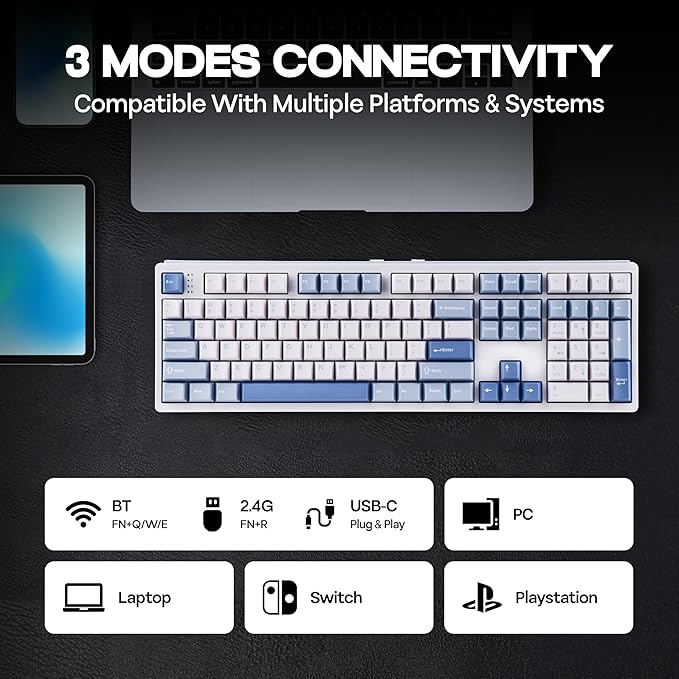 MechLands EPOMAKER TH108 Full Size Mechanical Keyboard, Wireless Gaming Keyboard, 8000mAh Battery, Creamy Gasket, 108 Keys, Hot Swap, Custom Driver, RGB Backlights (Blue&White, Sea Salt Silent Switch)