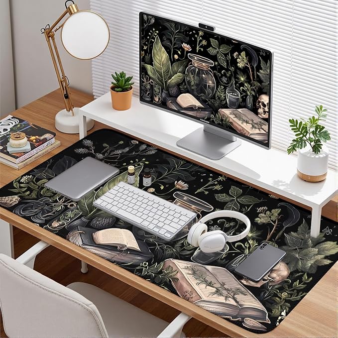Dark Academia Desk Mat Mouse Pad XXL Extended Large Gaming Desk Pad Mousepad, Mystical Green Plant Computer Laptop Keyboard and Mouse Mat, Desktop Decor for Women Girl Office 31.5x15.7 in
