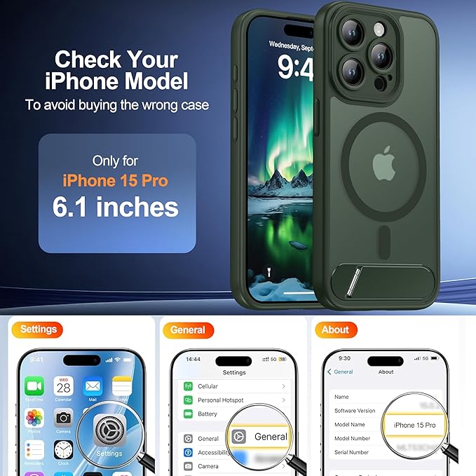 Magnetic Compatible with iPhone 15 Pro Case, [Built-in Kickstand][Full Camera Protection][Compatible with MagSafe][Anti-Fingerprint] Shockproof Phone Case for iPhone 15 Pro 6.1",Green