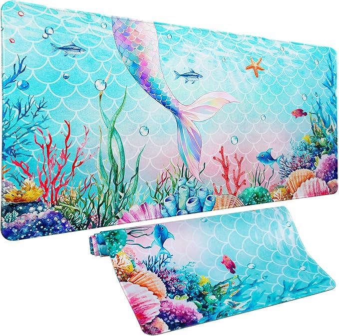 Ocean Mermaid Mouse Pad Desk Mat, Magic Mermaid Large Gaming Mouse Pad Fish Tail Anime Desk Pad Mousepad XXL Extended Keyboard Mat Mouse Mat, Waterproof, 31.5x15.7 in