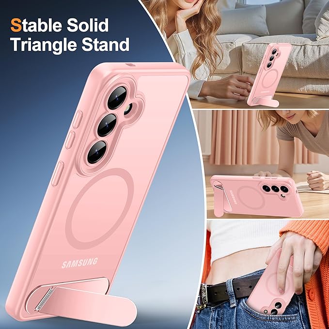 Magnetic for Samsung Galaxy S26 Case, [Compatible with MagSafe][Full Camera Protection][Built-in Invisible Kickstand] Translucent Matte Phone Case for S26 6.3" - Pink