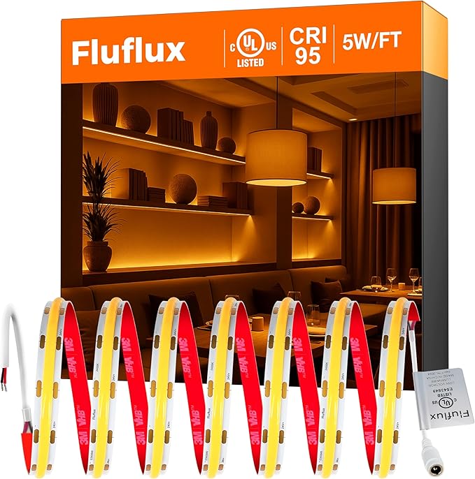 Candlelight COB LED Strip Lights 2400K, 5W/FT, 16.4FT 24V LED Tape Light with 3M VHB Backing, CRI 95, UL Listed, Cuttable, Dimmable, Bendable for Bars, Restaurants, Relaxing (NO Power Supply)
