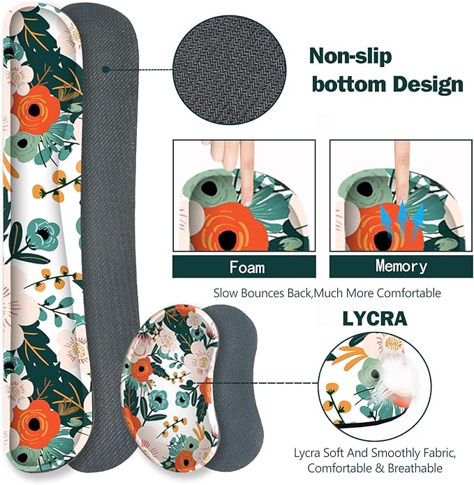 ARTSO Extended Gaming Mouse Pad Set, Keyboard Wrist Rest Support Pad + Wrist Cushion + XXL Large Mouse Pad + Coaster, Stitched Edge, Non-Slip, Memory Foam Desk Mat, Flower