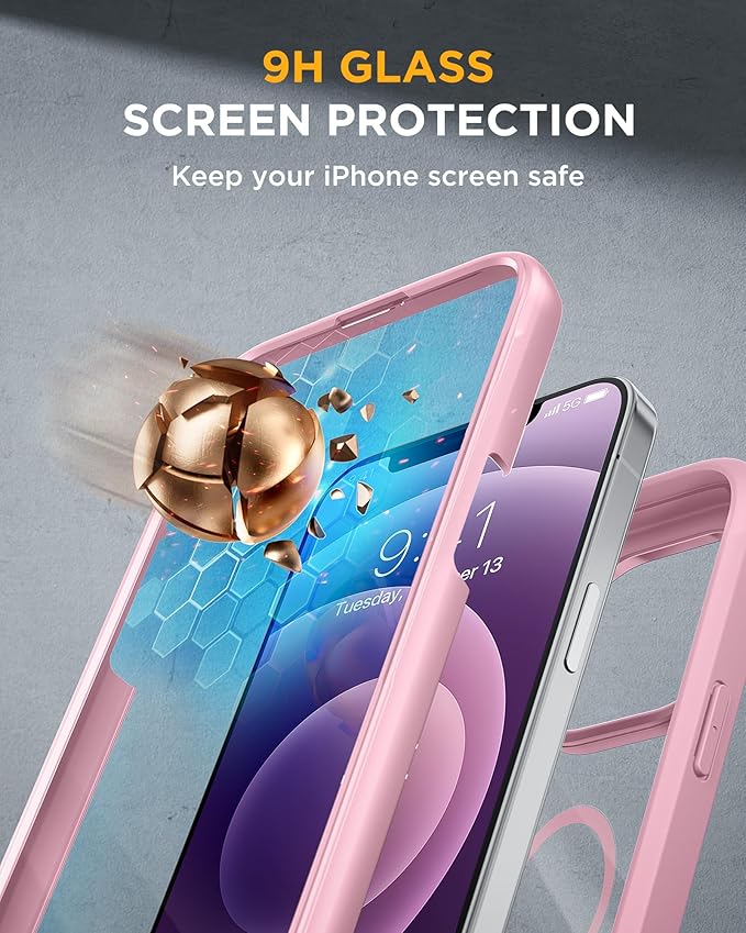 Miracase Glass Series Designed for iPhone 12/12 Pro 6.1 Inch, Upgrade Full-Body Magnetic Case with Built-in 9H Tempered Glass Screen Protector, with Camera Lens Protector, Magnetic Pink