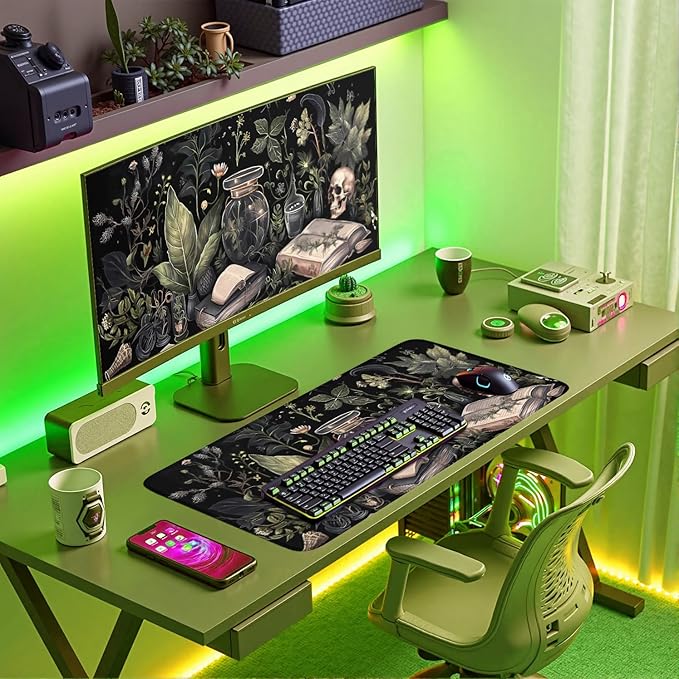 Dark Academia Desk Mat Mouse Pad XXL Extended Large Gaming Desk Pad Mousepad, Mystical Green Plant Computer Laptop Keyboard and Mouse Mat, Desktop Decor for Women Girl Office 31.5x15.7 in