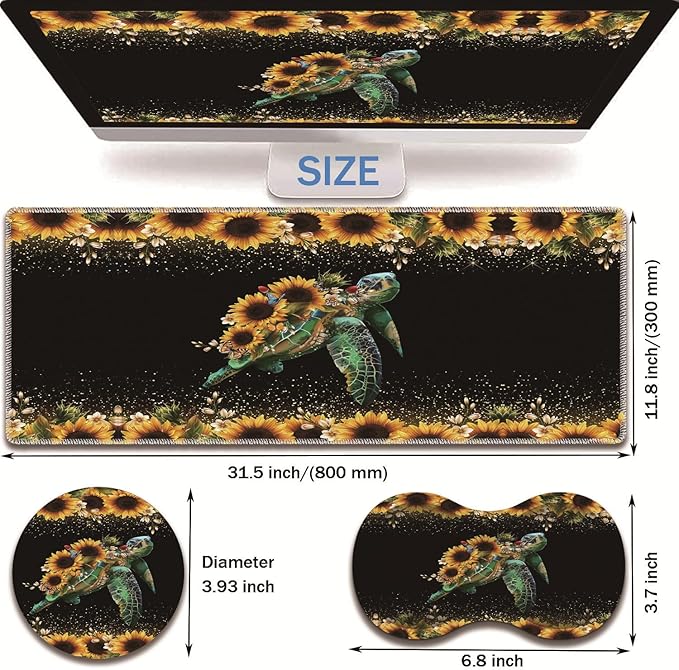 Extended Non-Slip Mouse Pad + Mouse Wrist Rest + Lace-Shaped Coaster Set, Ergonomic Design, Suitable for Desk and Home Gaming Table Mat, Starry Night and Turtle Sunflowers