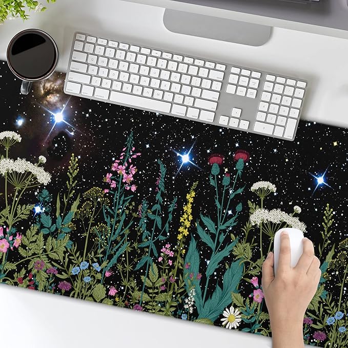 Black Aesthetic Wildflower Large Mouse Pad XXL Space Galaxy Weeds Herb Cute Floral Extended Large Desk Mat Big Desk Pad 90X40 CM Non-Slip Rubber Base Stitched Edge Long Mousepad,35.4 x 15.7 Inch