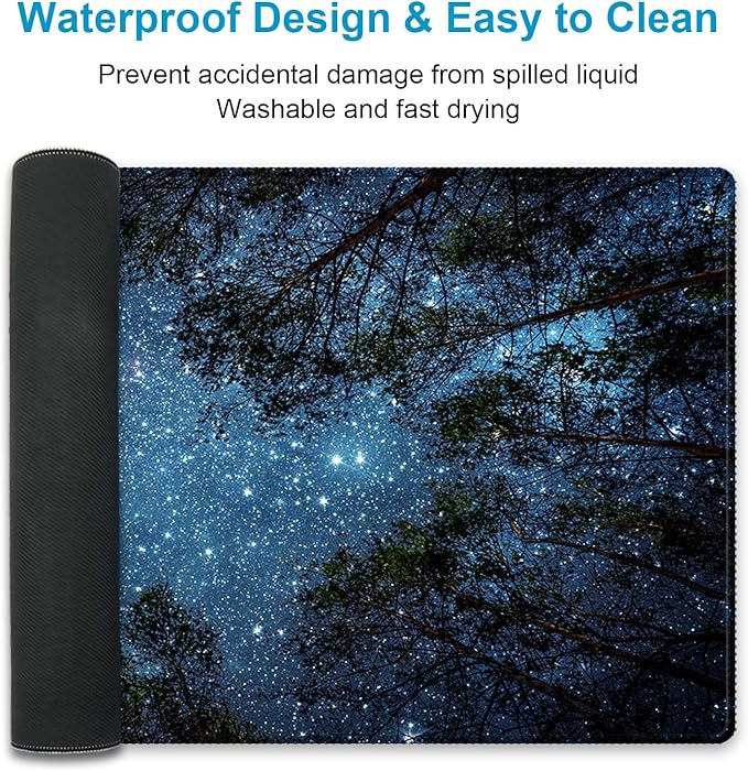 XXL Waterproof Office Desk Pad Protector 35.4x15.7 Inch - Extended Gaming Mouse Pad with Non-Slip Rubber Base, Thickened Keyboard Mat, Stitched Edges & Forest Starry Design