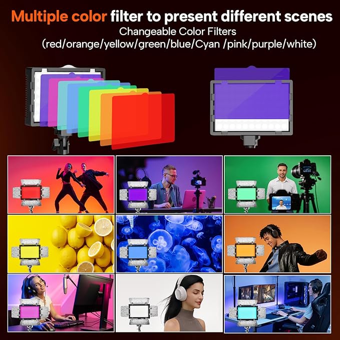 2 Pack LED Video Photography Lighting Kit with 54'' Tripod Stand, Dimmable 5600K USB Studio Lights with Barndoor -9 Color Lighting for Video Recording, Photo Studios, YouTube, TikTok, Game Streaming