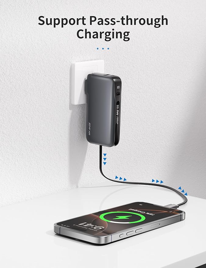 JOYFAR 1 Pack Portable Charger with Built-in USB-C Cable & Plug, 10,000mAh 5V/4.5A Power Bank Fast Charging 22.5W, Travel Essential Battery Pack 3 Output for iPhone 16/15 Series, Samsung Galaxy, iPad