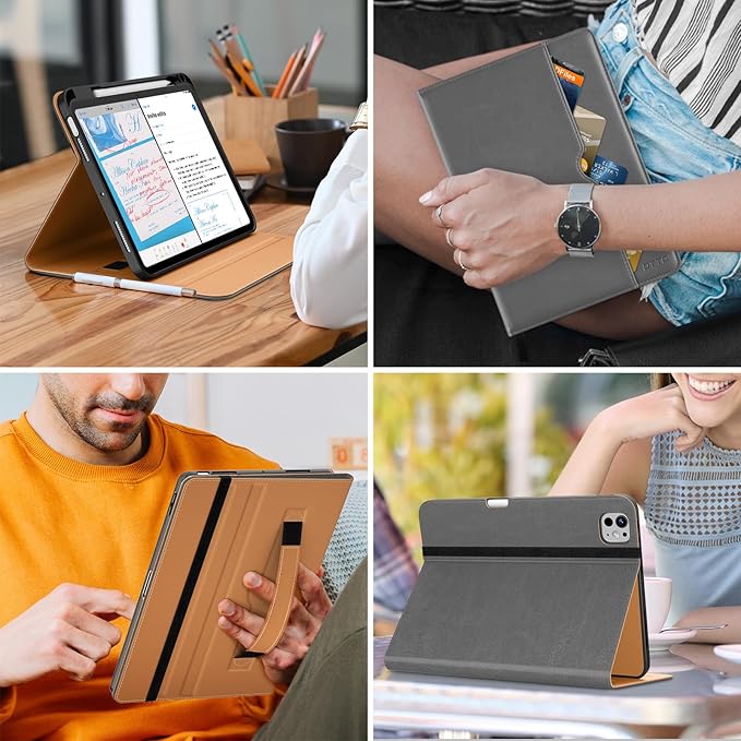 DTTO for iPad Pro 11 inch Case (M5/M4) 2025/2024, Premium Leather Business Folio Stand Cover with Pencil Holder - Auto Wake/Sleep and Multiple Viewing Angles, Gray