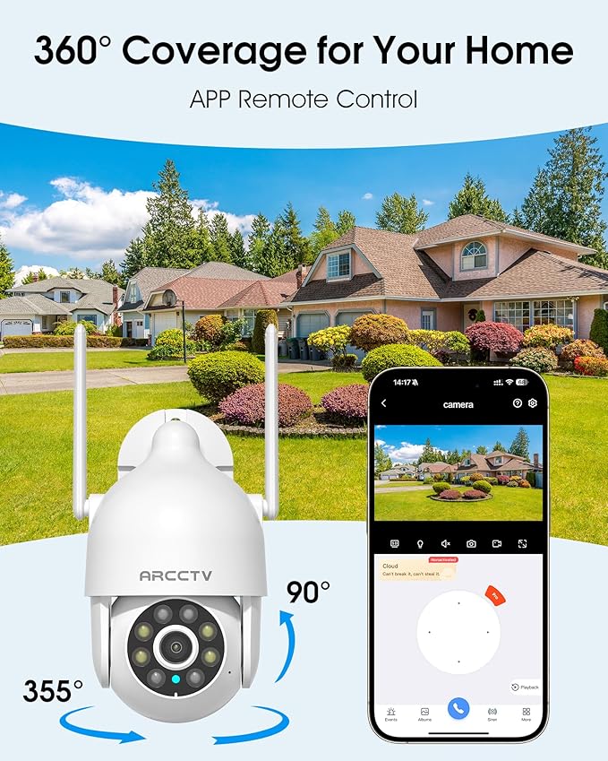 ARCCTV 2K Security Camera Outdoor, 2.4G/5G WiFi 24/7 Recording Security Camera, 360° PTZ Auto Tracking, Motion Tracking, Full Color Night Vision, Waterproof