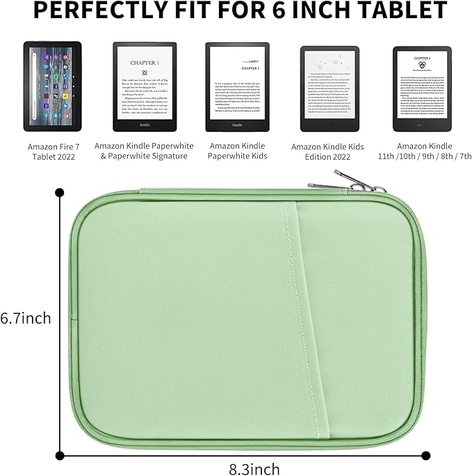 HoYiXi Universal Sleeve Bag for 6",6.8",7" Kindle Paperwhite/Colorsoft 2024-2012 Compatible with 6"-6.8" All-New Kindle/Kobo/Tolino/Sony,6" EReader with Anti-Drop Protective Cover,Green