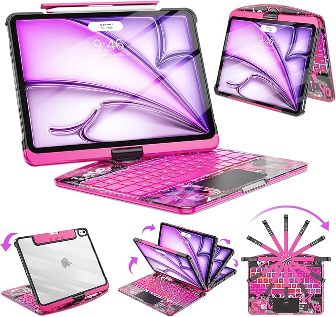 SIBEITU Clear Wireless Keyboard Case for iPad Air 13-inch M4/M3/M2 (2026/20252024) & iPad Pro 12.9-inch 6th 5th 4th 3rd Gen, Precision Trackpad & 7-Color Backlit, Pencil Holder, 360°Rotatable, Pink