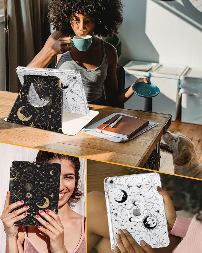 Shorogyt for iPad A16 11th Generation 11 inch 2025 /for i Pad 10th Generation case Magnetic Stand for Women - Cute Design 360 Degree Rotating Covers Girls Aesthetic with Pencil Holder,Sun Moon