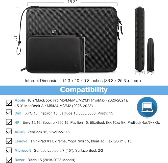 FINPAC Hard Laptop Sleeve with Accessory Pouch Compatible with 15.3 inch MacBook Air M5/M4/M3/M2 (2026-2023), 16.2 inch MacBook Pro M5/M4/M3/M2 Pro/Max, Waterproof Case for Surface Laptop/Book, Black