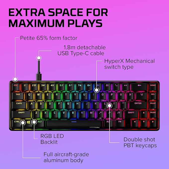 HyperX Alloy Origins 65 - Mechanical Gaming Keyboard – Compact 65% Form Factor - Tactile Aqua Switch - Double Shot PBT Keycaps - RGB LED Backlit - NGENUITY Software Compatible