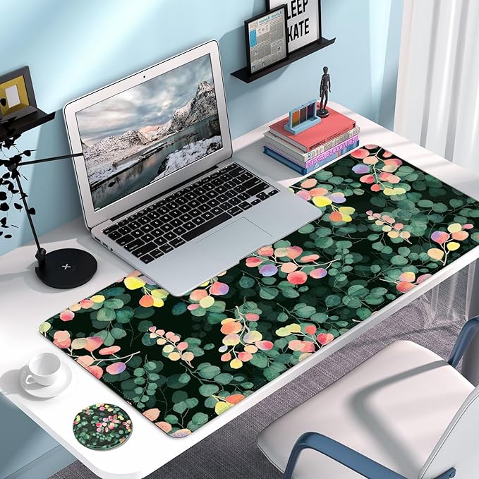 Large Gaming Mouse Pad with Coaster, Desk Matt for Desktop, Desk Pad, Mouse Pads Mat, Stitched Edges Big Extended Mousepad for Computer Keyboard Laptop Office Decor, 31.5'' x15.6''-Eucalyptus