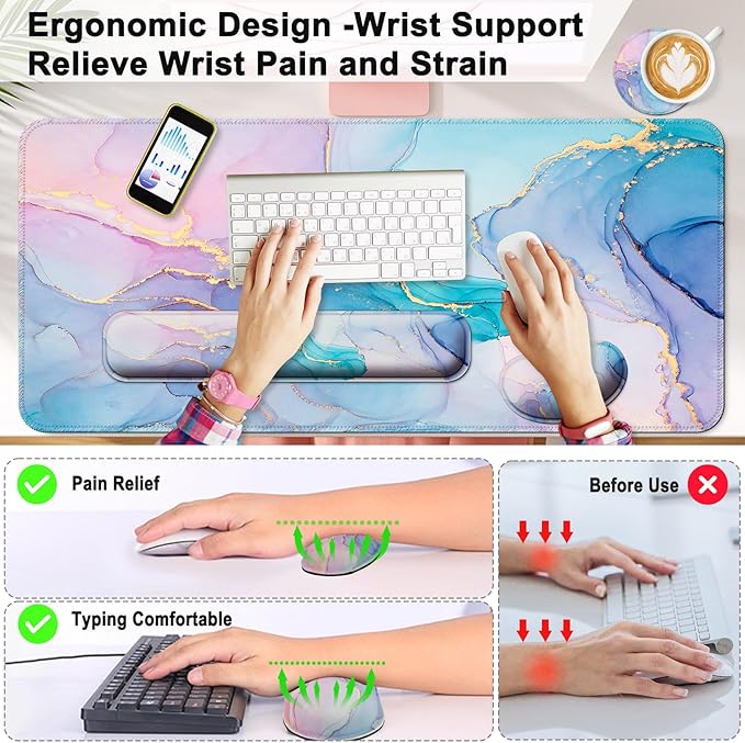 Keyboard Wrist Rest + Mouse Pad with Wrist Support + Desk Mat + Coaster 4 in 1 Set, XXL Large Gaming Mousepad Cute Ergonomic Mouse Pads for Desk Computer Laptop Office Decor-Blue Gold Marble
