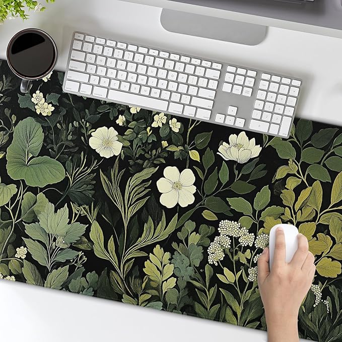 Green Leaves Mouse Pad XXL Botanical Plants Beige Floral Extended Table Mat 90X40 cm Non-Slip Rubber Base Stitched Edge Large Mousepad for Gaming Laptop Computer Desk Top 35.4×15.7 Inch