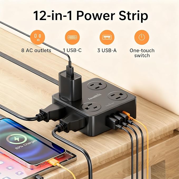 12 in 1 Power Strip Extension Cords with Multiple Outlets, 8 Outlets & 4 USB Ports Extension Cord, Flat Plug Compact Charging Station