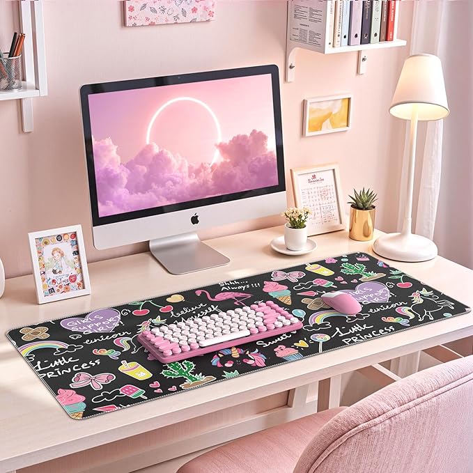 HAOCOO Kawaii Large Desk Cover Mat, 35.4x15.7 Cute Mouse Pad for Women Office Accessories, Leather Desk Mat for Keyboard and Mouse for Kids, Stitched Edges Desk Protector Dorm Decor