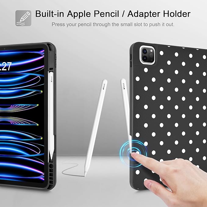 Tuiklol for iPad Pro 12.9 inch 6th / 5th / 4th / 3rd Generation 2022 2021 2020 2018 Release Case - Built in Pencil Holder Slim Protective Cover with Auto Wake/Sleep,Spot-Black