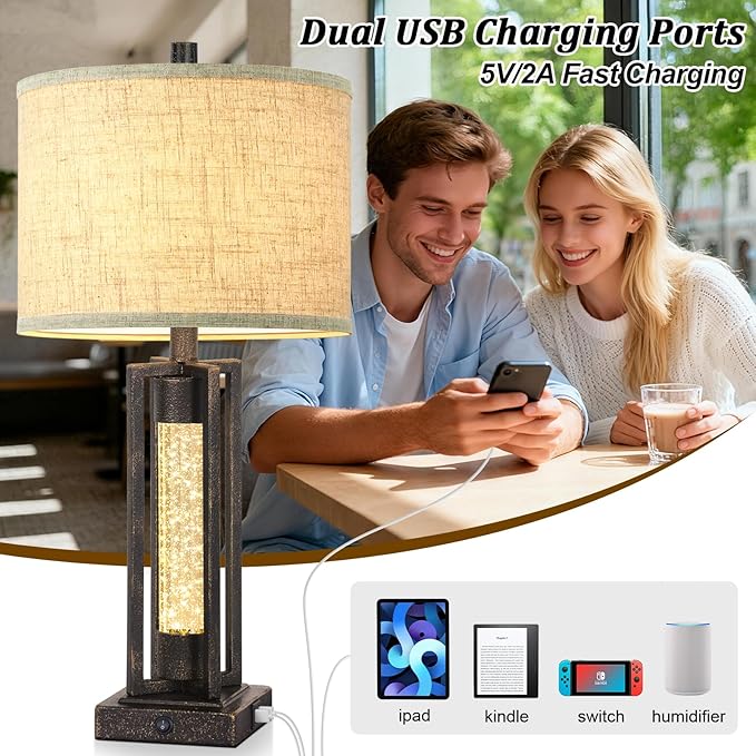 TOBUSA 26’’ Farmhouse Table Lamp for Living Room, Rustic Vintage Tall Nightstand Lamp for Bedroom with 2 USB Ports and Crystal Night Light, Retro Bedside Lamp for End Table Entryway Home Deco, Bronze
