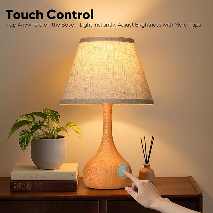 17” Touch Table Lamp for Bedroom Set of 2, 3-Way Dimmable Bedside Lamp for Nightstand, Rustic Metal Desk Lamp with Linen Shade for Living Room, Kids Reading, Dorm, Home Office Decor, Bulb Included