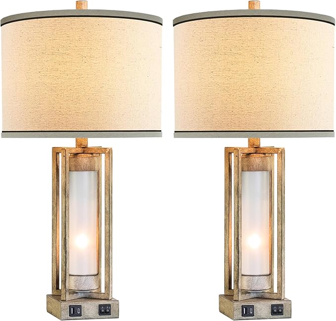 25" Set of 2 Farmhouse Table Lamps for Living Room with USB A+C Ports, Rustic Nightstand Lamp with White Night Light, Vintage Desk Lamp for Entryway Bedroom End Table, 4 Bulbs Included