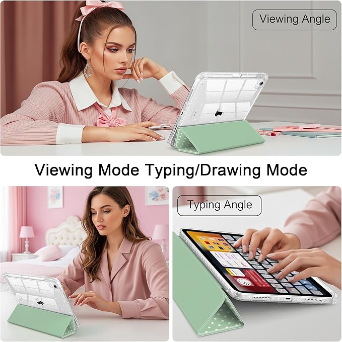 DONGKE for iPad Pro 11 inch Case – Fits M5 2025 / M4 2024, Shockproof Sparkling Glitter Acrylic Back, Pencil Holder, Trifold Stand, Auto Sleep/Wake & Touch ID Support - Green Polka Dot
