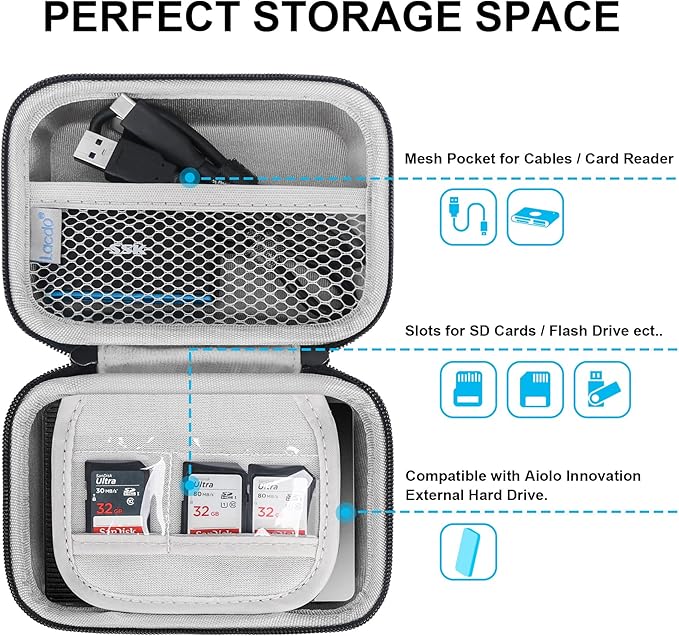 Lacdo Hard Drive Carrying Case for Aiolo Innovation External Hard Drive Ultra Slim Portable HDD 1TB 1.5TB 2TB 4TB 5TB 320GB 500GB 750GB USB 3.0 HDD Hard EVA Protective Storage Travel Bag, Black