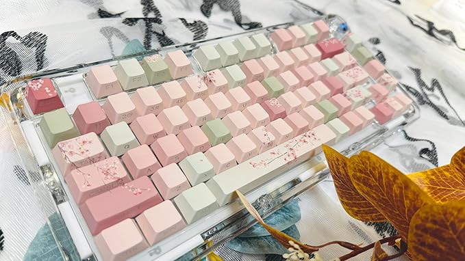 Peach Blossom Keycaps Side Print Custom Cherry Profile PBT Shine Through Keycaps Pink Green 128 Keys for Mechanical Keyboards 60% 65% 75% Backlit Key Caps