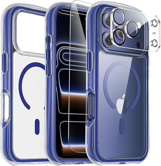 3-in-1 Air for iPhone 17 Pro Case with Screen Protector & Camera Lens Protector,[Fits MagSafe][Military-Grade Protection] [4-Side Built-in Airbag] Shockproof Case for iPhone 17 Pro (Clear-Blue)