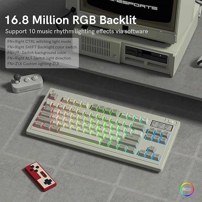 FL·ESPORTS OG87 Tri-Mode Retro Mechanical Keyboard, 87-Key Gasket Mount Gaming Keyboard, Pre-lubed Creamy Linear Switches, Hot Swappable, PBT Keycaps, 4000mAh for Mac/PC - Gray