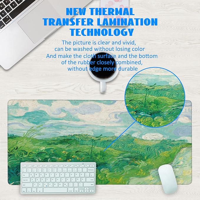 Desk Mat, Field Landscape Oil Painting Extended Gaming Mouse Pad Large, 35.4"x15.7" Big Mouse Pad with Non-Slip Base and Stitched Edge, Long Computer Keyboard Mouse Mat for Home Office Work