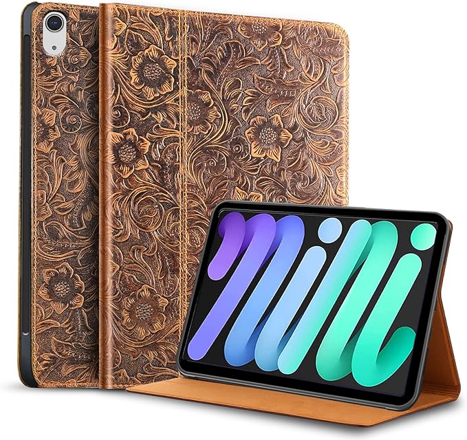 Gexmil Case for iPad mini 7 (A17 Pro) 2024, iPad mini 6 Generation, Genuine Leather 8.3 Inch Case 2021 Cover,Anti Fingerprint/Slip,Cowhide Folio Cover Auto Sleep/Wake with Adjustable Stand,Brown