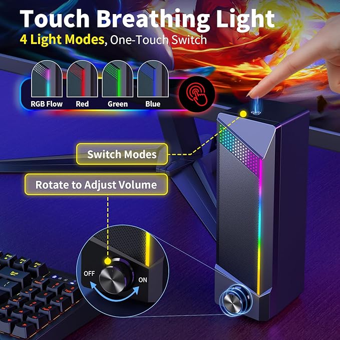 Computer Speakers, 2 in 1 PC Speaker , Gaming Speakers for PC Computer Laptop Desktop Monitor, RGB Speakers with Touch Sensitive Lighting, USB Powered 3.5mm Aux（Package Only Two Speaker, No Soundbar）
