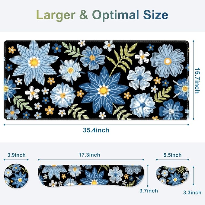 Large Gaming Mouse Pad Set, 4 in1 Ergonomics Keyboard Desk Mat with Memory Foam Wrist Rest, Computer PC Extended Game Mousepad, Non-Slip Desk Pad Matt Easy Typing Pain Relief I Forget-me-not