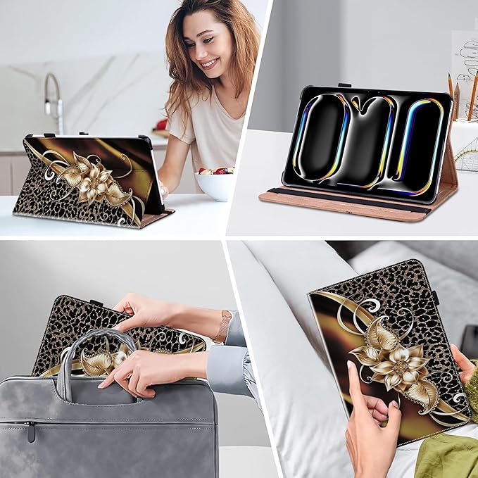 Case for iPad Pro 11 inch Case (M5/M4) 2025/2024, Premium Leather Folio Stand Cover with Auto Wake/Sleep, Pencil Holder and Card Slots - Metallic Flower