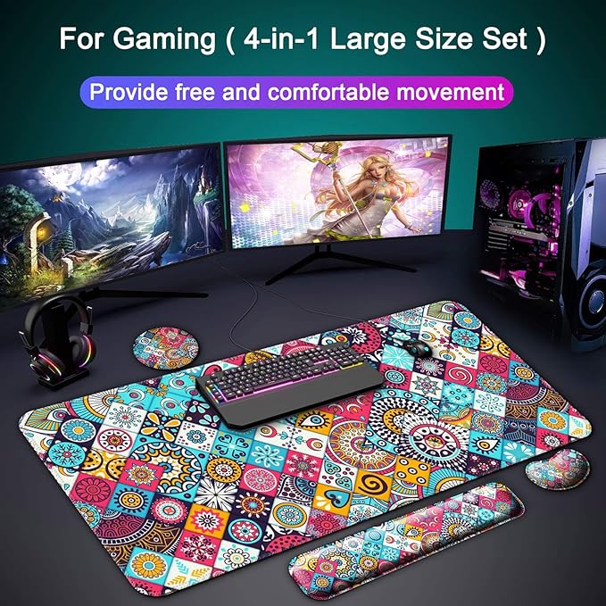 Keyboard Wrist Rest + Mouse Pad with Wrist Support + Desk Mat + Coaster 4 in 1 Set, XXL Large Gaming Mousepad Cute Ergonomic Mouse Pads for Desk Computer Laptop Office Decor-Mandala