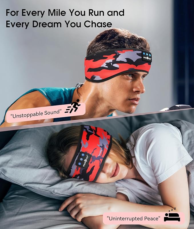 MUSICOZY Sleep Headphones Bluetooth 5.4 Headband, Wireless Earphones Music Sleep Earbuds Sleeping Eye Mask with HD Stereo Speakers for Workout Running Travel Yoga, Ideal Gifts (Black Red)
