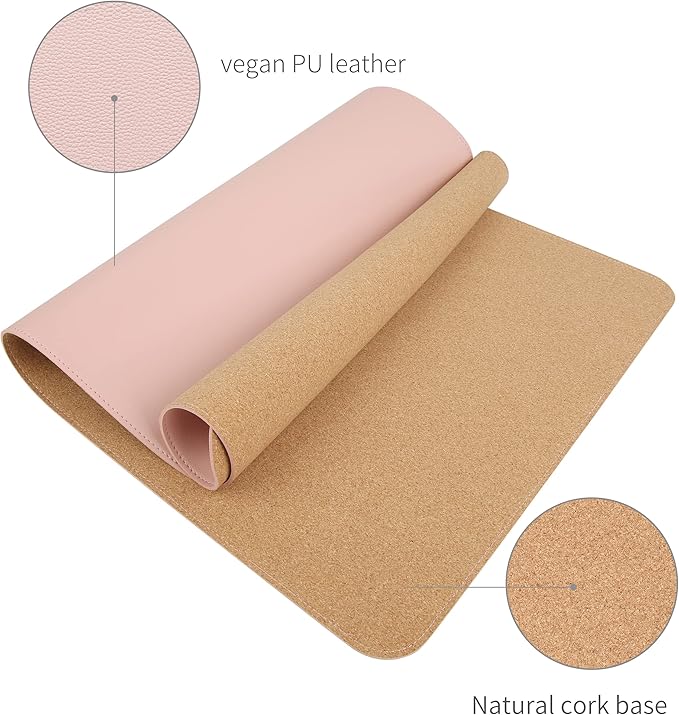 RENMTURE Dual-Sided Mouse Pad, Natural Cork & PU Leather Large Desk Pad for Office and Home Work, Desk Protector Non-Slip, Waterproof, Easy Clean (Pink, 47"x17")