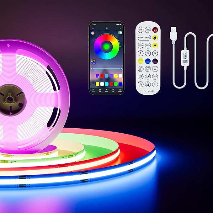 PAUTIX 5V USB RGB COB LED Strip Light 4.92ft/1.5m Color Changing Strip Lights,TV Backlight Multicolor Flexible Under Cabinet Tape Lights with Bluetooth Control for Bedroom,Kitchen,Home DIY Lighting
