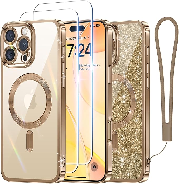 Meifigno Designed for iPhone 16 Pro Max Case 6.9", [Glitter Card & Wrist Strap] [Compatible with MagSafe] [2X Screen Protectors] Surround Lens Protection Designed for 16 ProMax Case, Desert Titanium