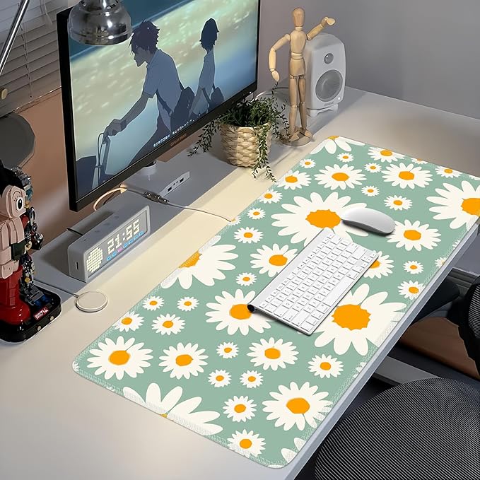 iCasso XXL Large Mouse Pad for Desk, Anti-Slip Big Mousepad with Stitched Edges, Keyboard Mat for Work, Gaming (Daisy)