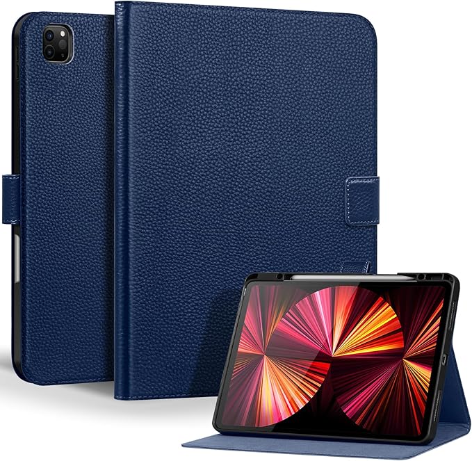 Genuine Leather Case for iPad Pro 12.9 inch 6th/5th/4th/3rd Generation 2022/2021/2020/2018 | with Pencil Holder and Adjustable Stand, Magnetic Closure, Auto Wake/Sleep Cover | Blue