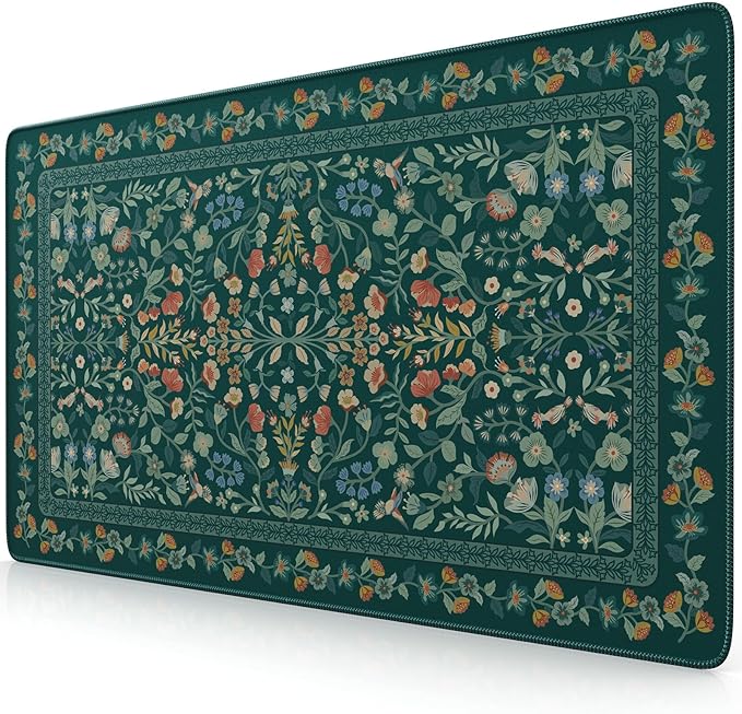 iCasso Green Aesthetic Flower Mouse pad for Laptop, Vintage Desk Matt for Desktop 13.7"x23.6", Anti-Slip Mousepad with Stitched Edges for Laptop Computer Keyboard(Deep Green)