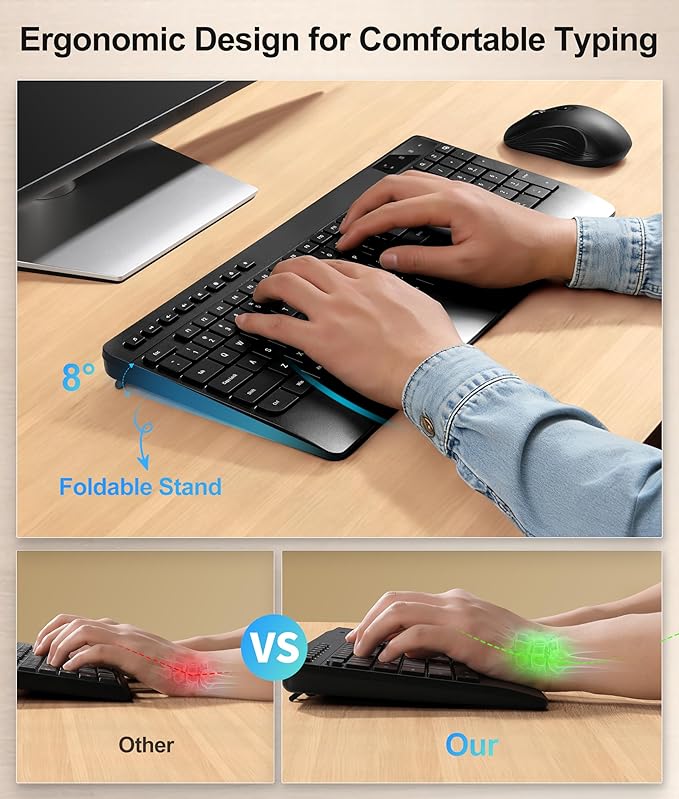 Quiet Wireless Keyboard and Mouse Combo – 3-Level DPI Silent Mouse, Full-Size Ergonomic Wrist Rest, 2.4GHz Plug-and-Play, Multimedia Hotkeys for Windows Computer/Laptop, Black